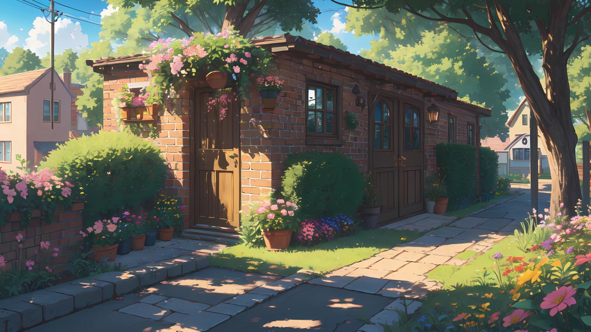 鲜花绿树映房子，精美4K风景壁纸，高清3840x2160下载享