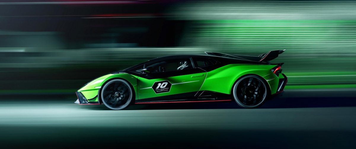兰博基尼Huracan STO SC 10周年限定版绿色赛车4K高清壁纸，带鱼屏专属，3440x1440分辨率免费下载