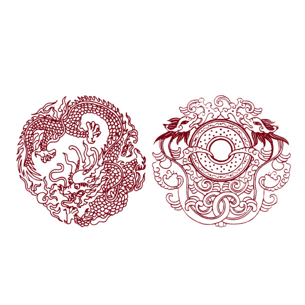 矢量双龙玉佩PNG透明图片，古典龙行花纹设计素材，高清下载