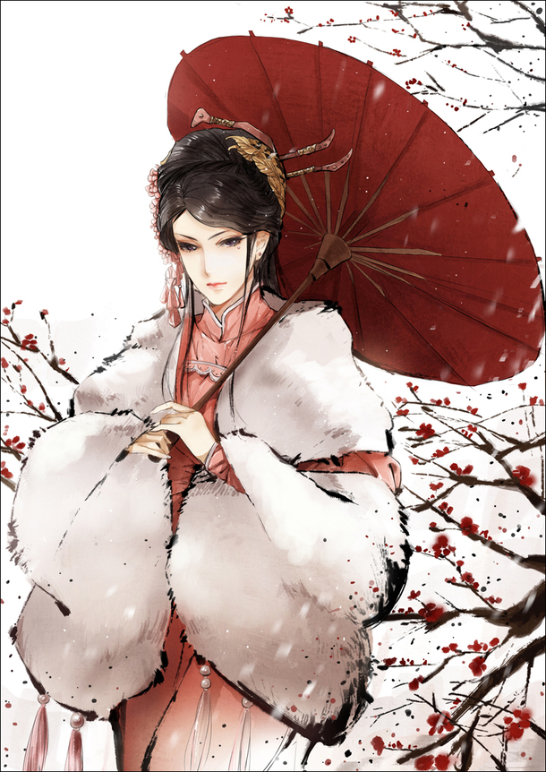 手绘中国风撑伞美女PNG素材，高清透明背景，卡通手绘图片设计下载