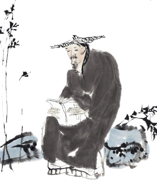 水墨看书老人PNG素材，高清透明装饰元素，笔触细腻，免费下载