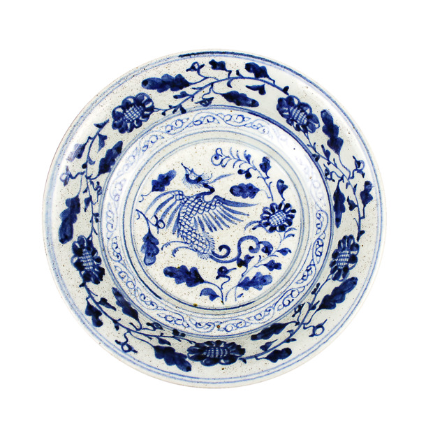 明代青花瓷双圈折枝凤碗，中国风PNG透明图片素材，下载装饰元素