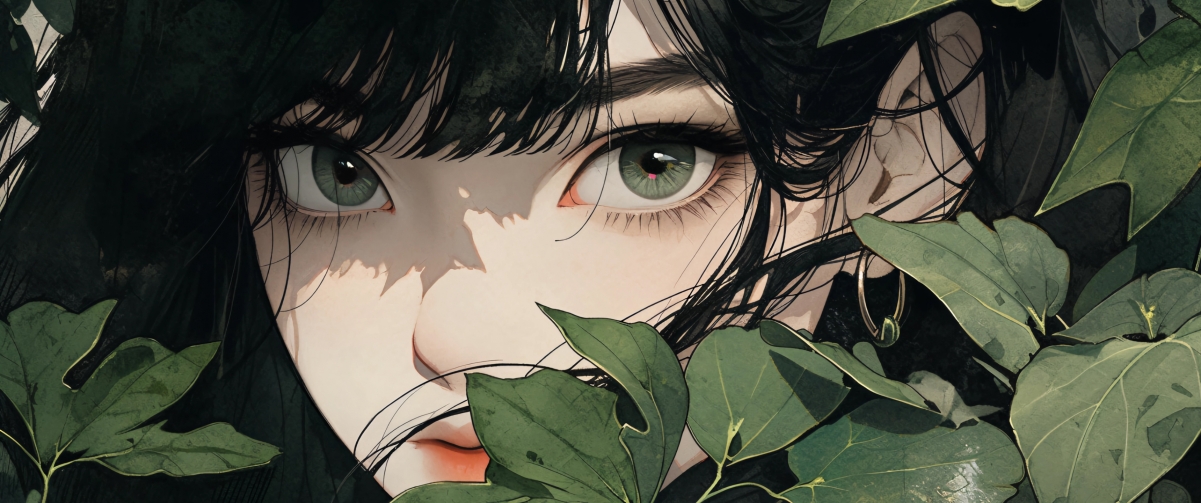 高清动漫壁纸下载，树叶间的女孩，带鱼屏4K超清壁纸3440x1440