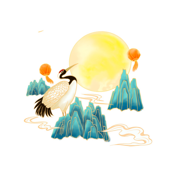 中秋佳节赏月图，高清PNG仙鹤月亮，透明背景，中秋节日设计素材免费下载