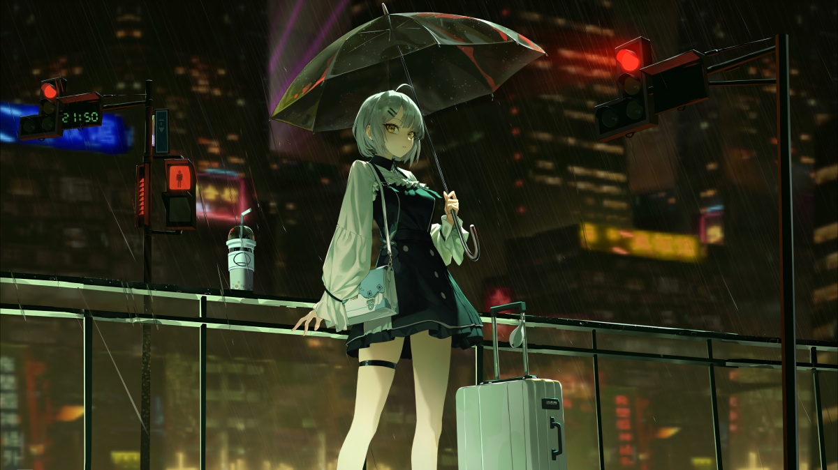 雨夜女孩撑伞携行李箱，唯美4K动漫壁纸高清下载