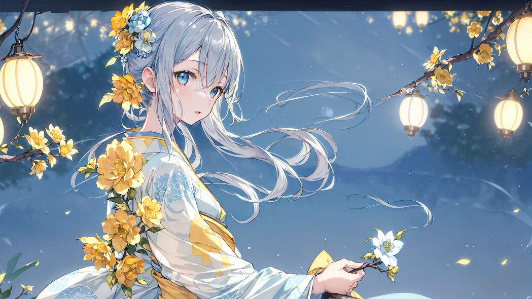 高清4K壁纸，蓝色黄色艺术动漫女孩，和服花卉背景，3840x2160免费下载