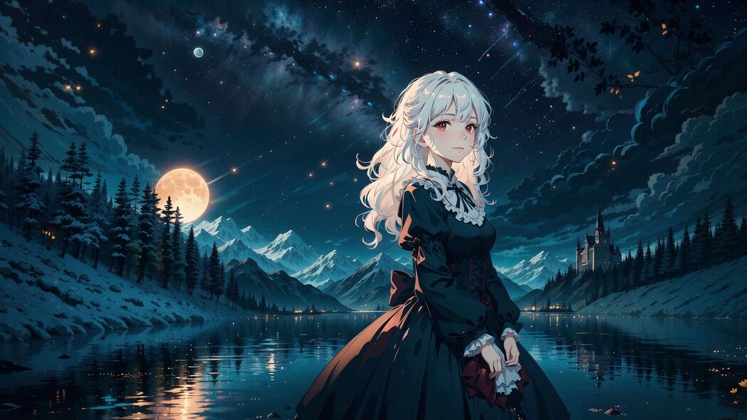 女孩动漫夜景，连衣裙轻舞于池塘边，山脉映月，高清4K壁纸下载