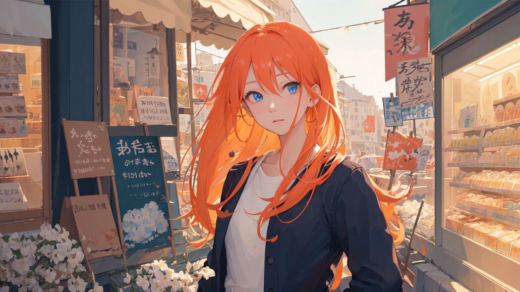 4K高清红发女孩动漫壁纸，街道艺术背景，3840x2160免费下载
