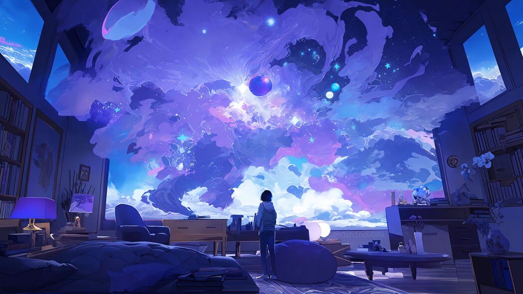 4K超高清壁纸，剪影行星天空，蓝色动漫艺术，3840x2160精美视图下载