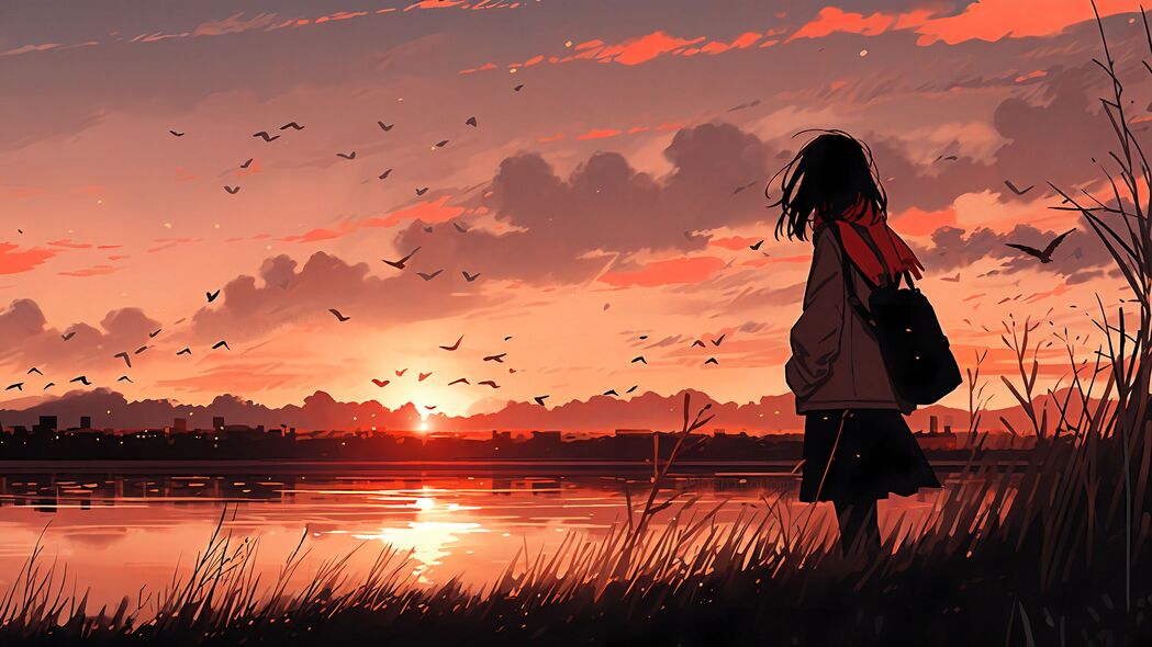 女孩河畔赏日落，鸟鸣动漫艺术景，4K高清壁纸下载（3840x2160）
