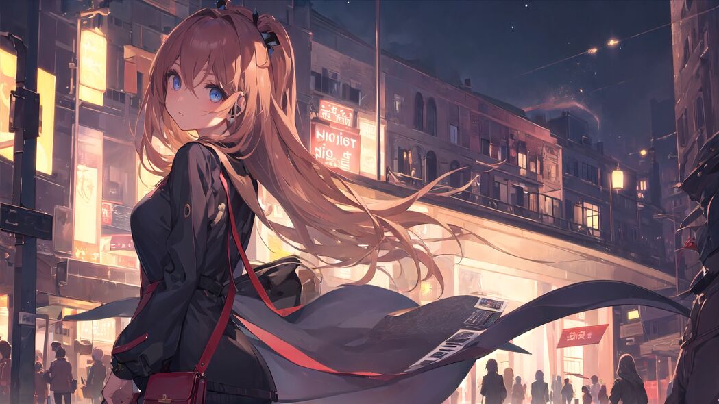 女孩动漫壁纸，4K高清背景，连衣裙与包包，秀发飘逸，3840x2160分辨率，免费下载