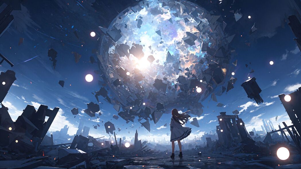 女孩剪影星球爆炸，蓝色碎片动漫，超清4K壁纸3840x2160免费下载