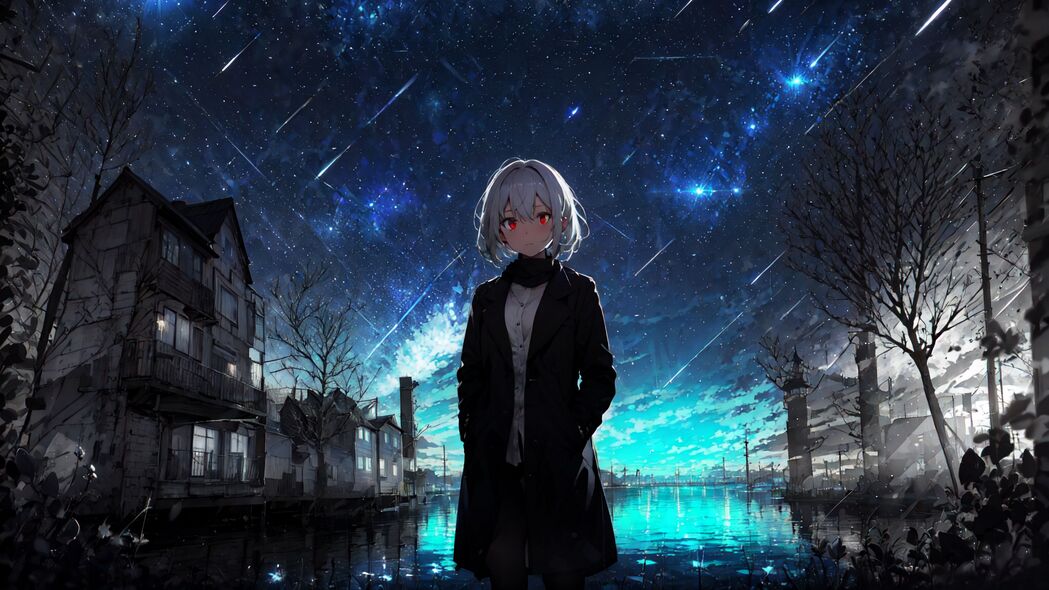 动漫女孩身披星光大衣，夜晚艺术之旅，4K超高清壁纸3840x2160免费下载