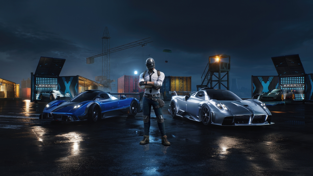 绝地求生《Pubg》头盔战士与帕加尼跑车，4K超清游戏壁纸，3840x2160分辨率，高清下载