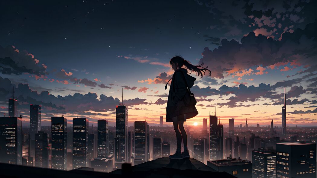 女孩漫步雾都，建筑轮廓映日出，绝美4K动漫壁纸，3840x2160高清下载