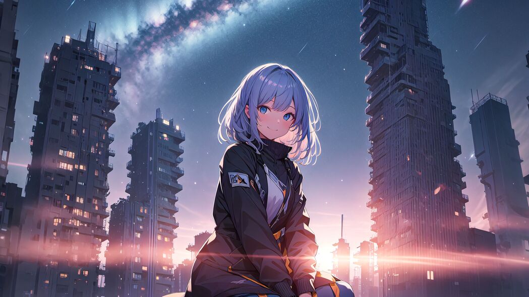 动漫女孩微笑瞬间，高清4K建筑夹克光影壁纸，3840x2160免费下载