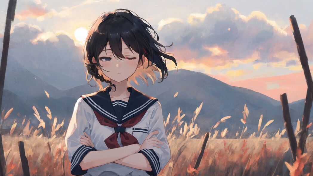 女孩与田野，4K动漫壁纸，女学生草地美景，高清3840x2160下载