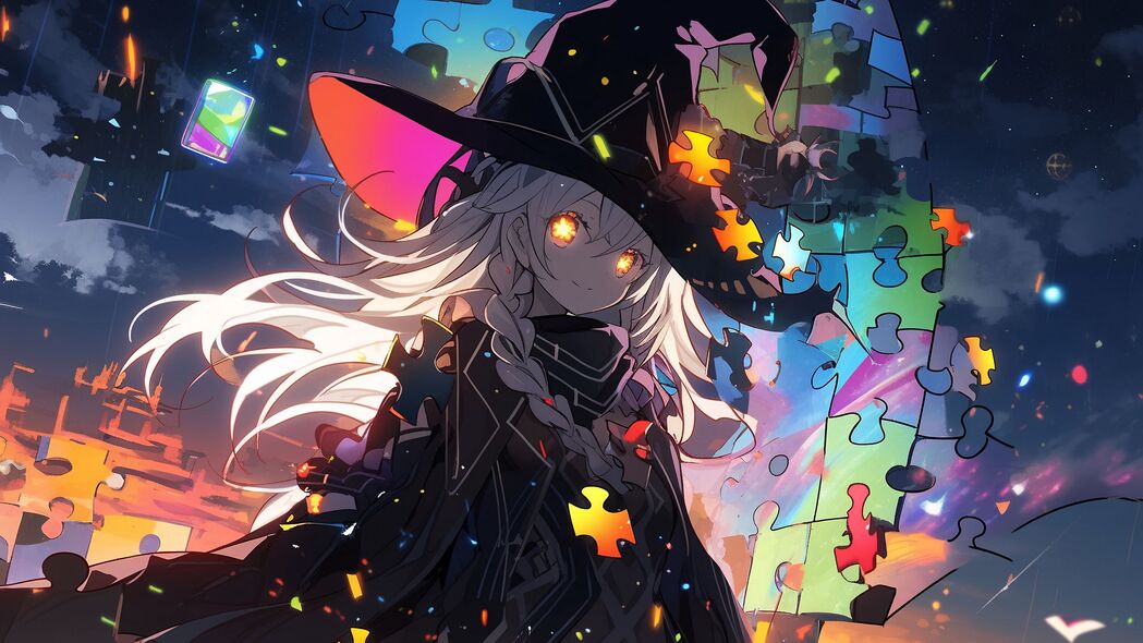 女孩魔术师帽子拼图，动漫风格4K高清壁纸，3840x2160分辨率，免费下载