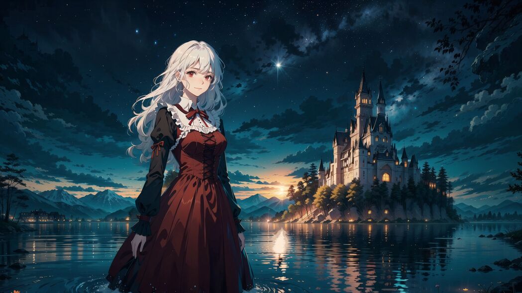 动漫女孩夜游水湖，高清4K连衣裙壁纸，3840x2160超清下载