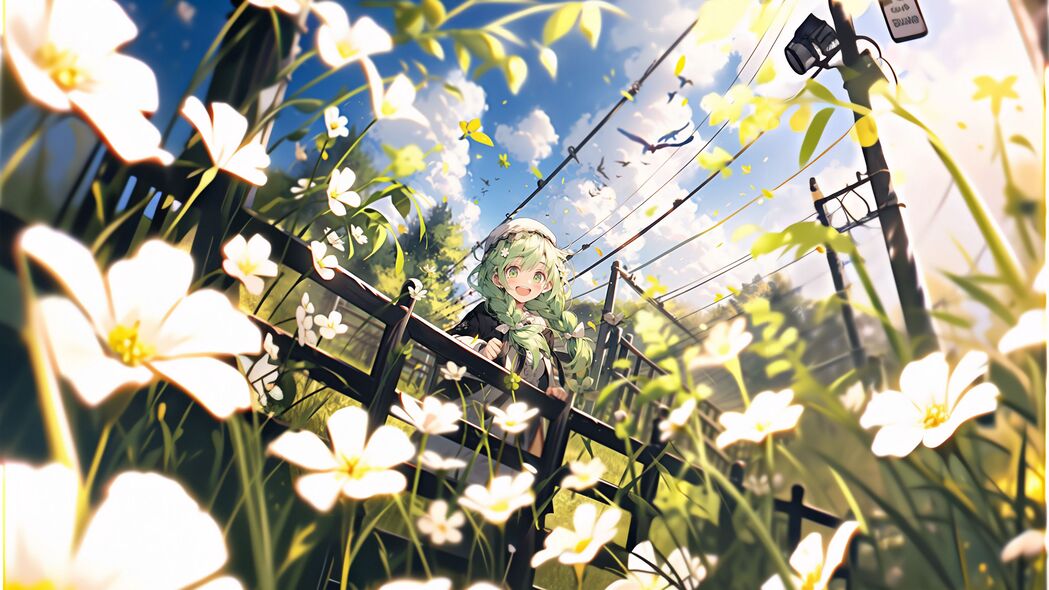 夏日女孩微笑如花，田野树篱动漫风情，4K高清壁纸3840x2160下载