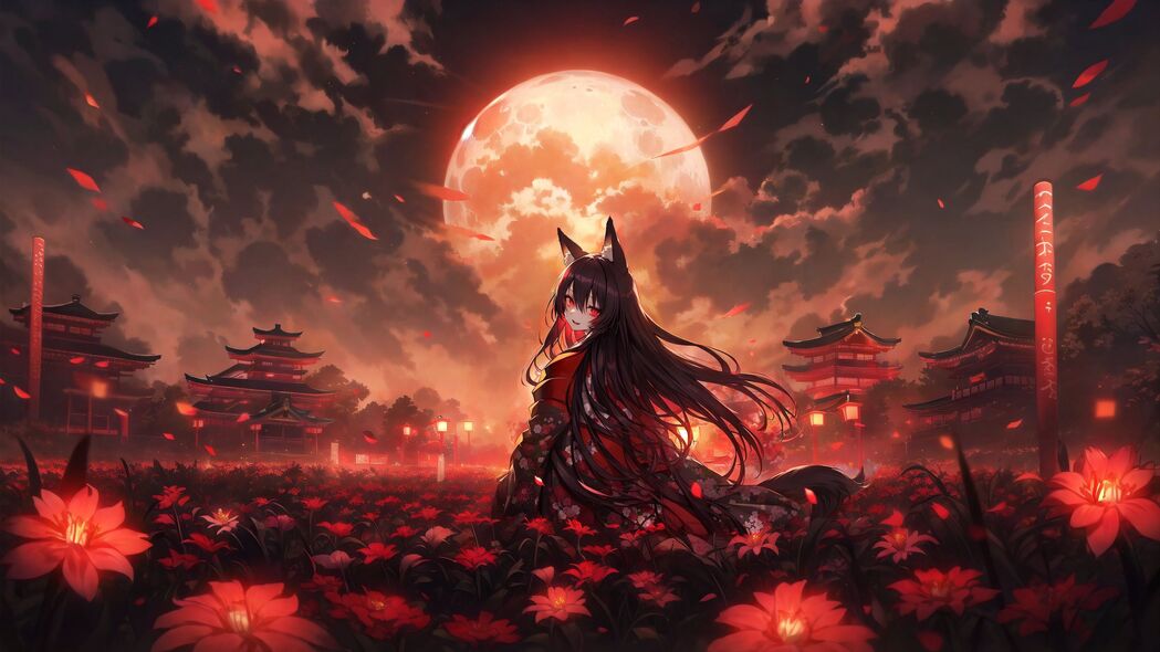 女孩Neko与月亮之花的奇幻邂逅，精选4K动漫壁纸，3840x2160高清下载