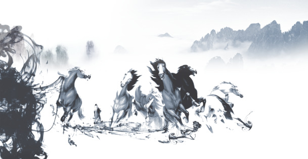 中国风装饰元素，高清PNG透明万马奔腾墨画图片，下载即用