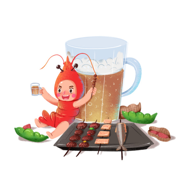 烧烤季盛宴，龙虾啤酒撸串夜宵图集，高清PNG透明节日元素，免费下载！