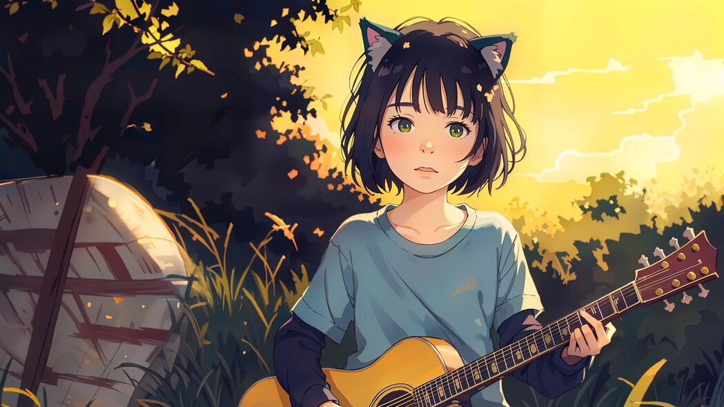 高清4K动漫壁纸，女孩弹吉他，耳朵萌化，Neko风格，3840x2160免费下载