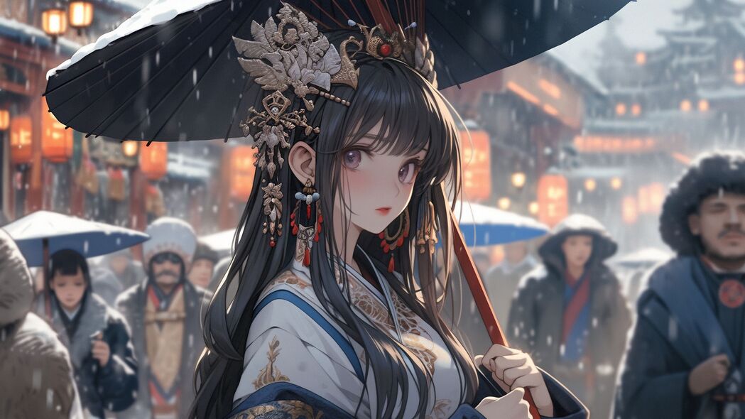 女孩与珠宝，和服动漫美女雪地漫步，超清4K壁纸（3840x2160）下载