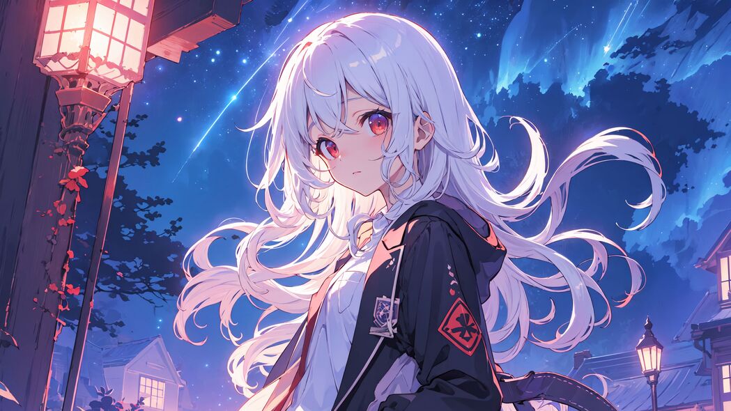 动漫女孩夜晚星光秀发，超高清4K壁纸（3840x2160）免费下载
