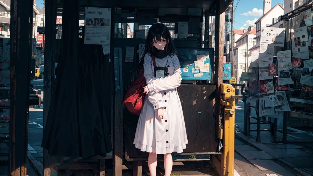 女孩姿态优雅，公交车站动漫4K壁纸，超清3840x2160分辨率下载