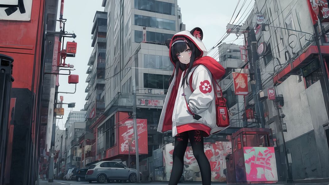 动漫女孩兜帽萌态，高清4K壁纸3840x2160，街道运动鞋尽显活力