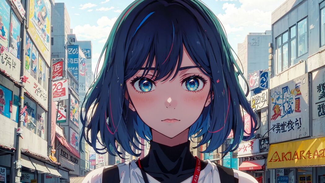 动漫女孩街景高清壁纸，迷人眼眸与腮红，4K超高清3840x2160下载