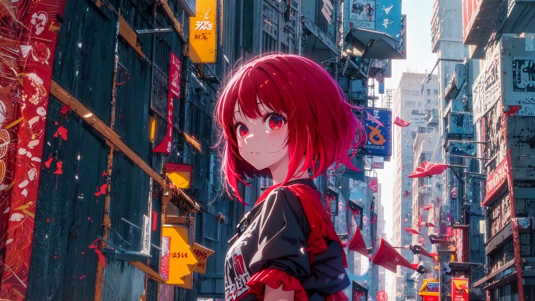 女孩漫步城市街道，动漫风格建筑物4K壁纸，高清3840x2160下载