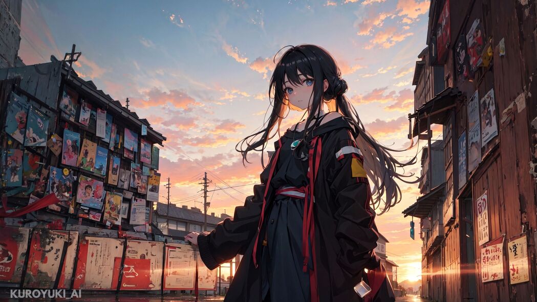 动漫女孩漫步黎明街道，4K高清壁纸，3840x2160超清下载