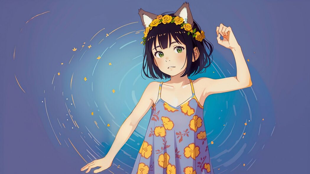 动漫女孩耳朵戴花环，太阳裙姿优雅，4K高清壁纸3840x2160免费下载