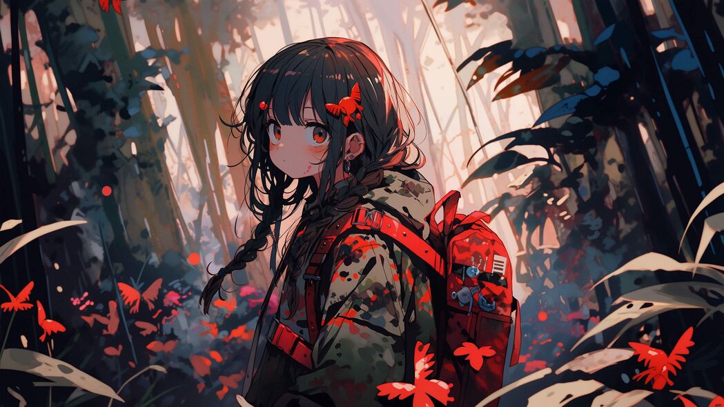 女孩背包漫舞丛林，蝴蝶翩翩，4K动漫壁纸高清下载（3840x2160）