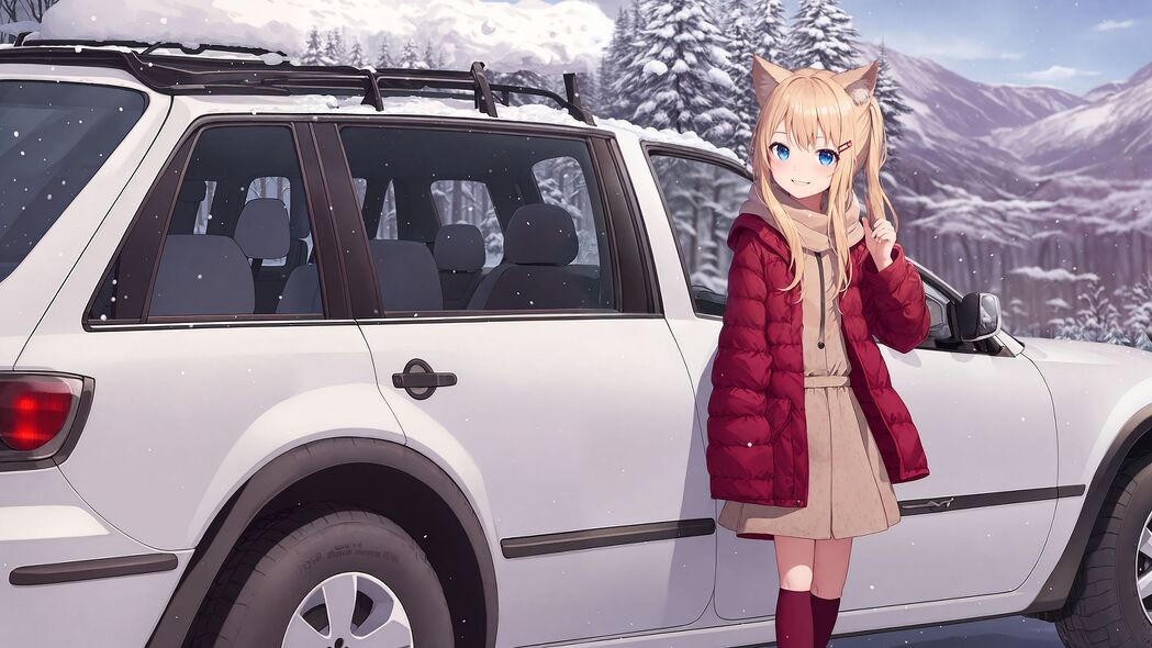 冬日女孩聆听汽车之声，精选4K动漫壁纸，高清3840x2160免费下载