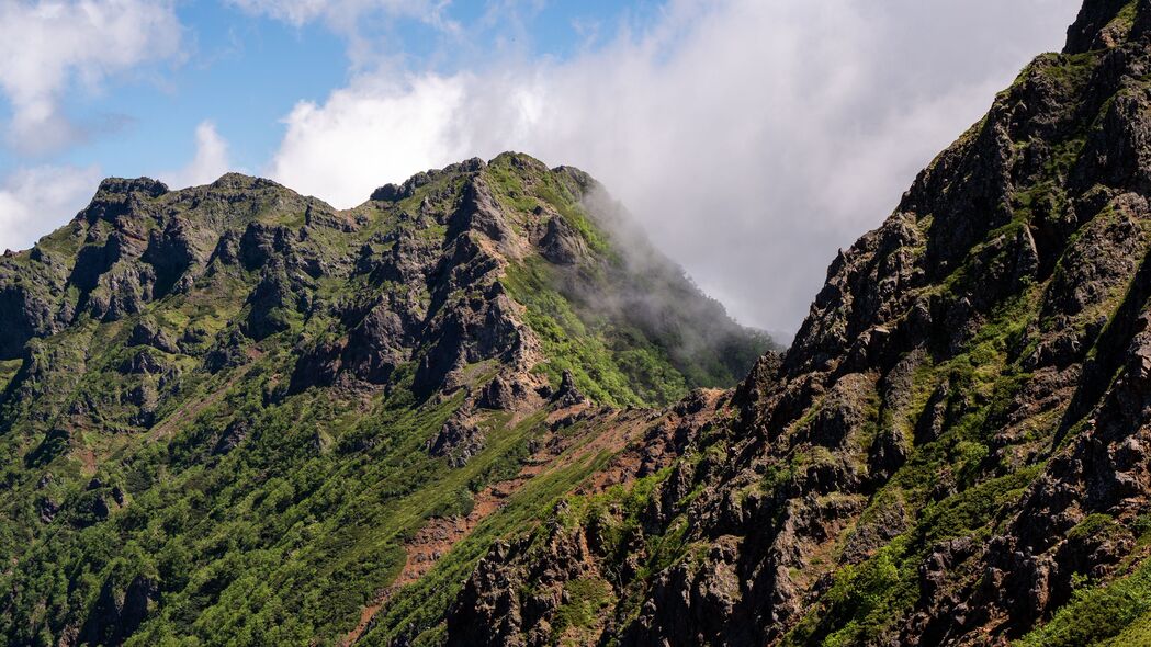 4K超清山脉岩石风景壁纸，雾绕树木，自然之美，3840x2160高清下载