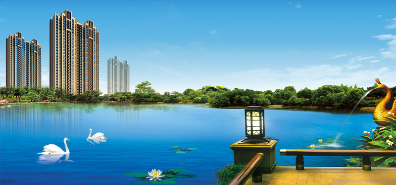 高端湖景洋房海报设计素材，大气花园美景JPG/PSD格式下载
