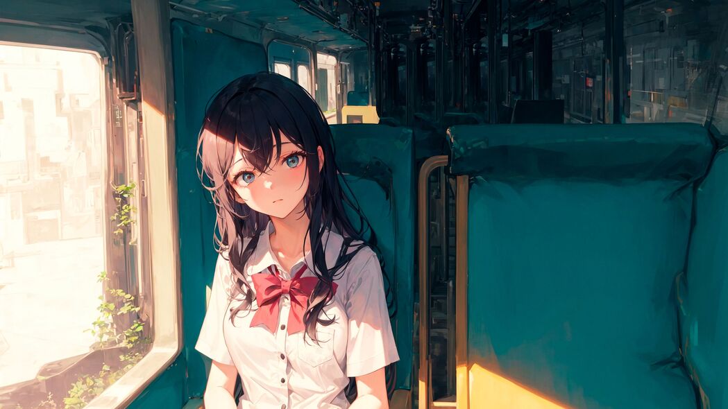 动漫女孩弓椅窗前，4K超清壁纸，3840x2160高清下载