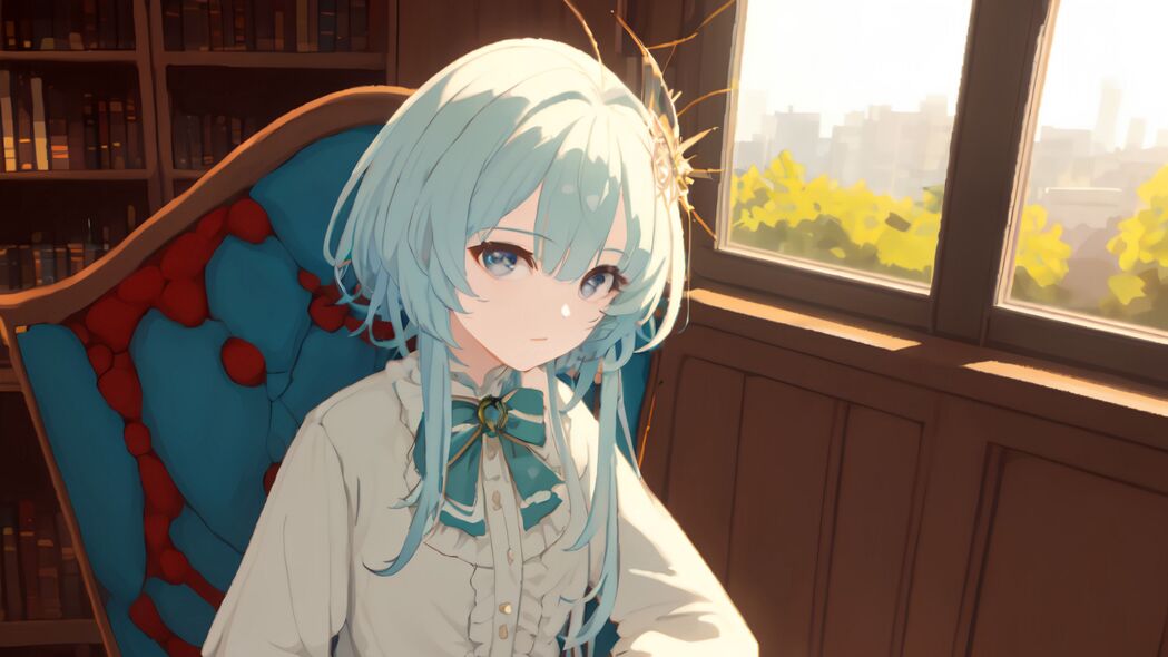 女孩动漫4K壁纸，椅子桌子窗户元素，高清3840x2160分辨率下载
