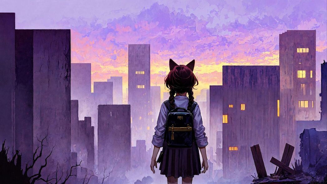 女孩动漫艺术，绝美耳朵背包城市建筑壁纸，4K高清3840x2160下载