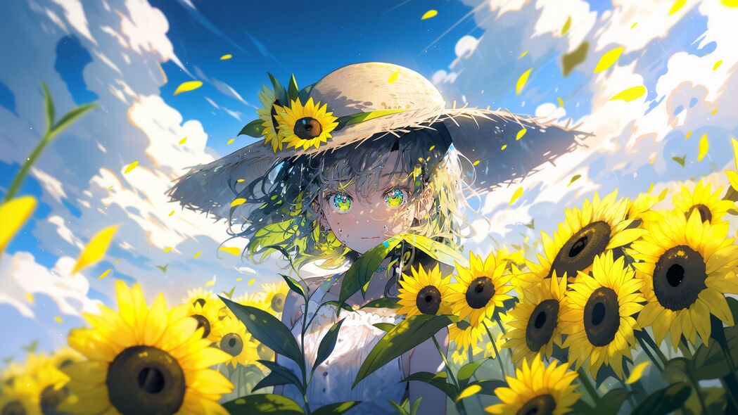 动漫女孩戴帽赏向日葵，4K高清壁纸，3840x2160超清下载