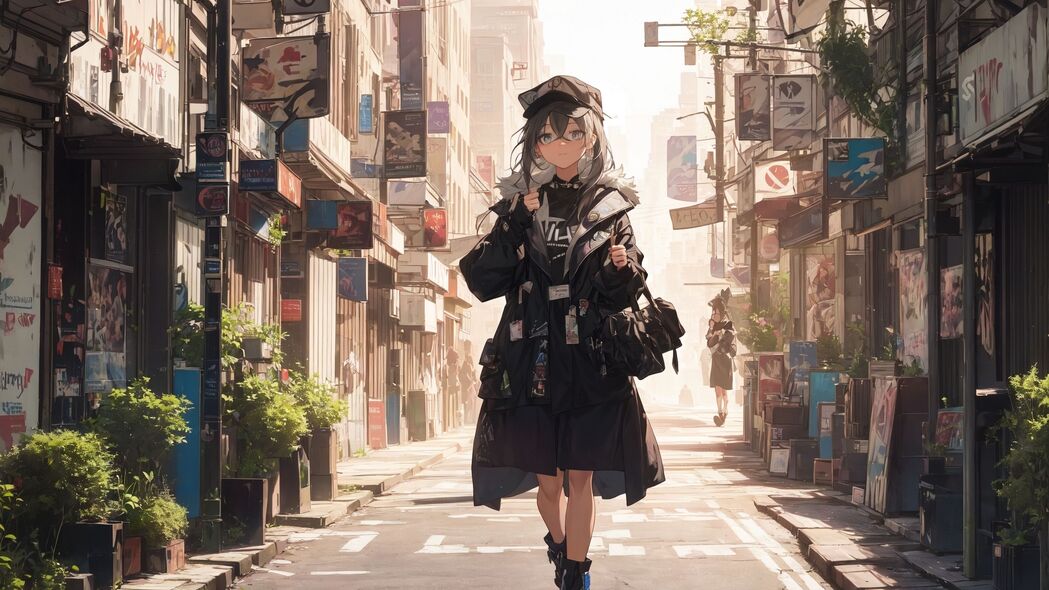 女孩大衣漫步街道，绝美4K动漫壁纸，3840x2160超清下载