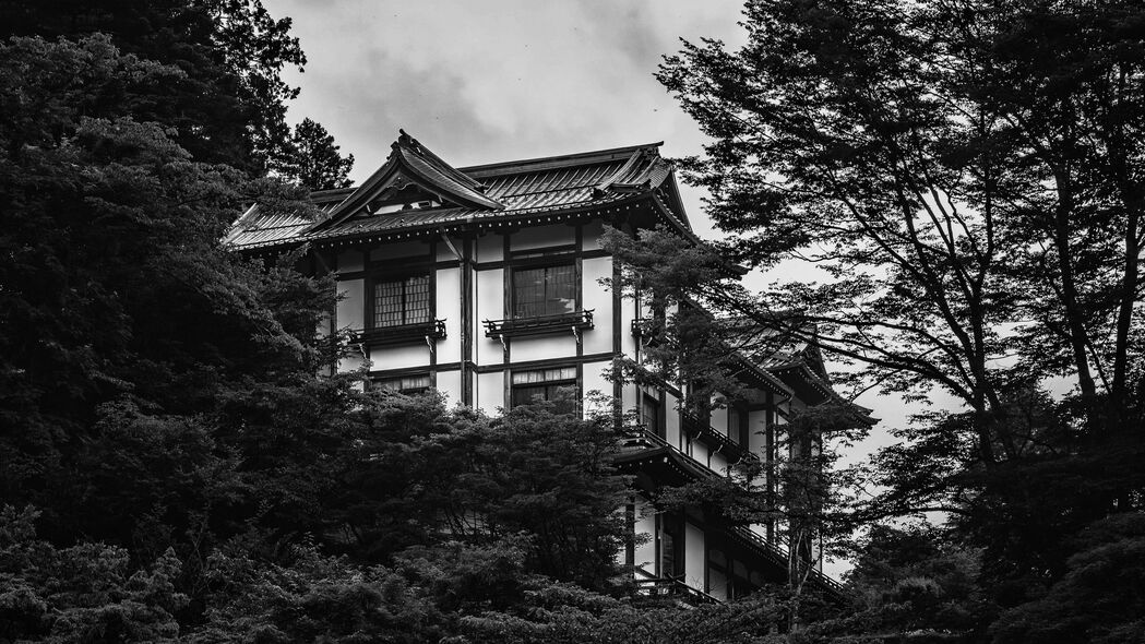建筑之美，房子与树影交织的黑白4K壁纸，高清3840x2160背景图片下载