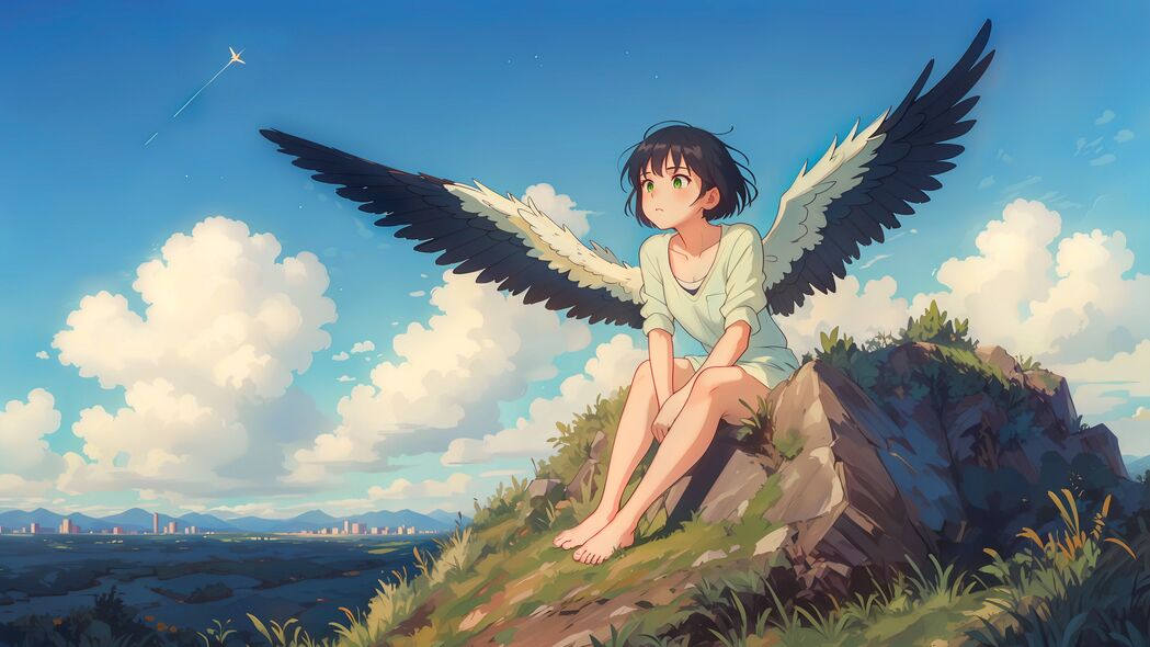 女孩飞翔，翅膀轻触草石，绝美4K动漫壁纸，3840x2160高清下载