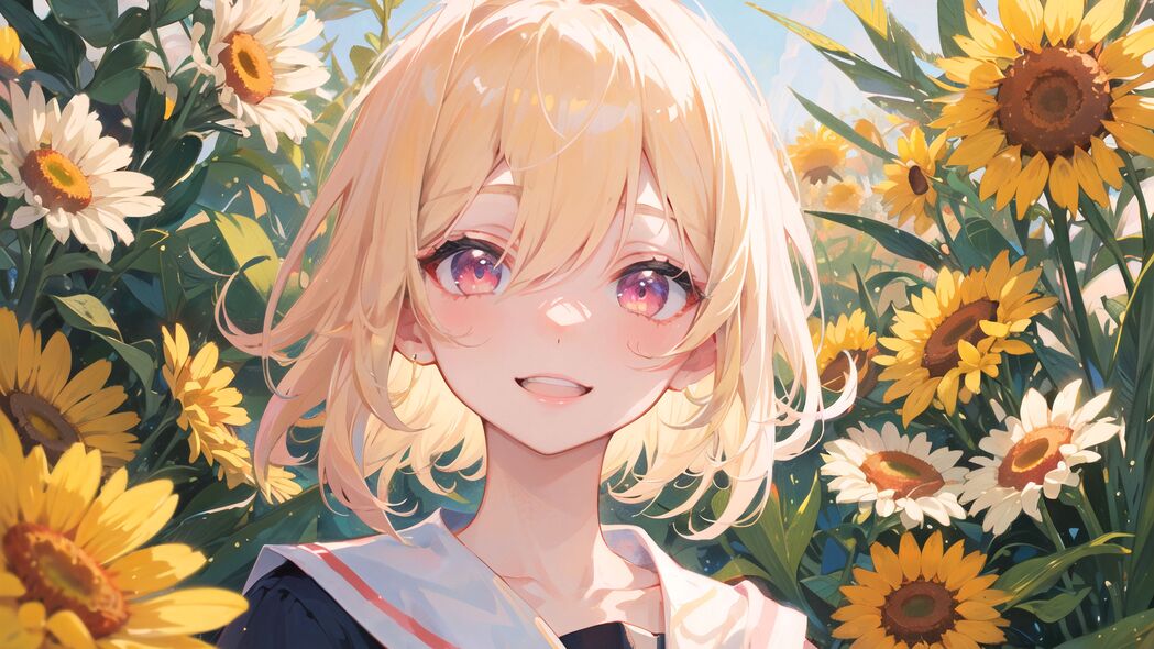 夏日女孩腮红如花，向日葵动漫4K壁纸，3840x2160高清下载