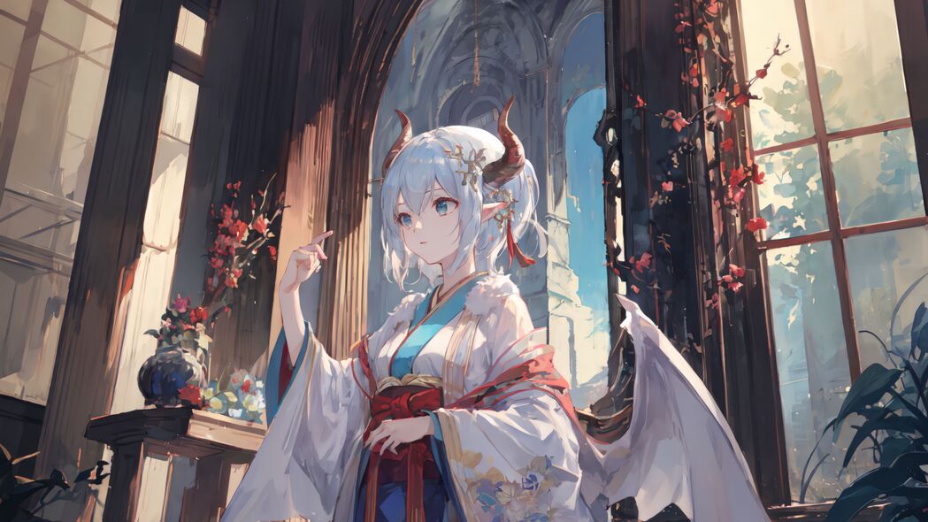 女孩动漫角色，唯美翅膀和服4K壁纸，超清3840x2160分辨率下载