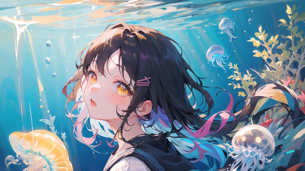 女孩一瞥水母惊艳瞬间，4K高清动漫壁纸，3840x2160超清下载